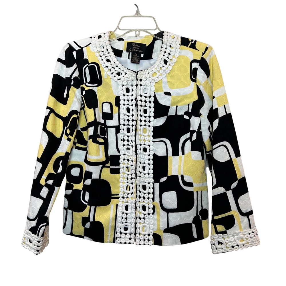 Trenz Petite Jacket Womens M PM Yellow Black Geometric Maximalism Art Deco Mod